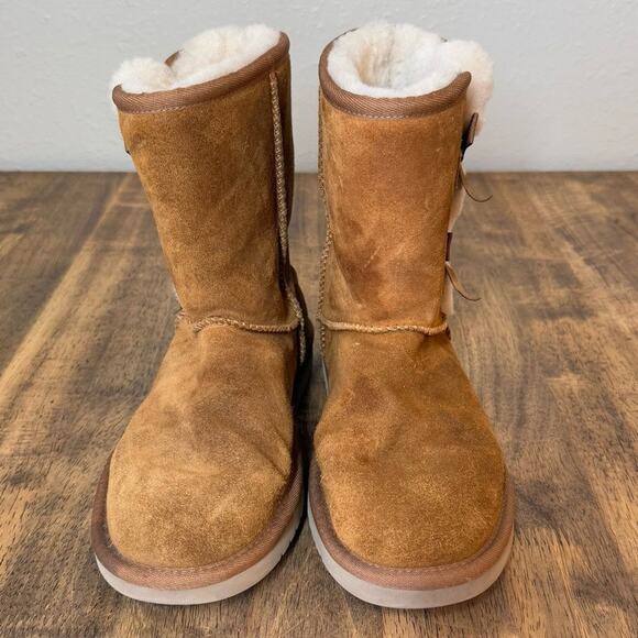 Koolaburra UGG Victoria Short Bow Shearling Sheepskin Boot Chestnut Suede Sz 7 - Picture 6 of 11